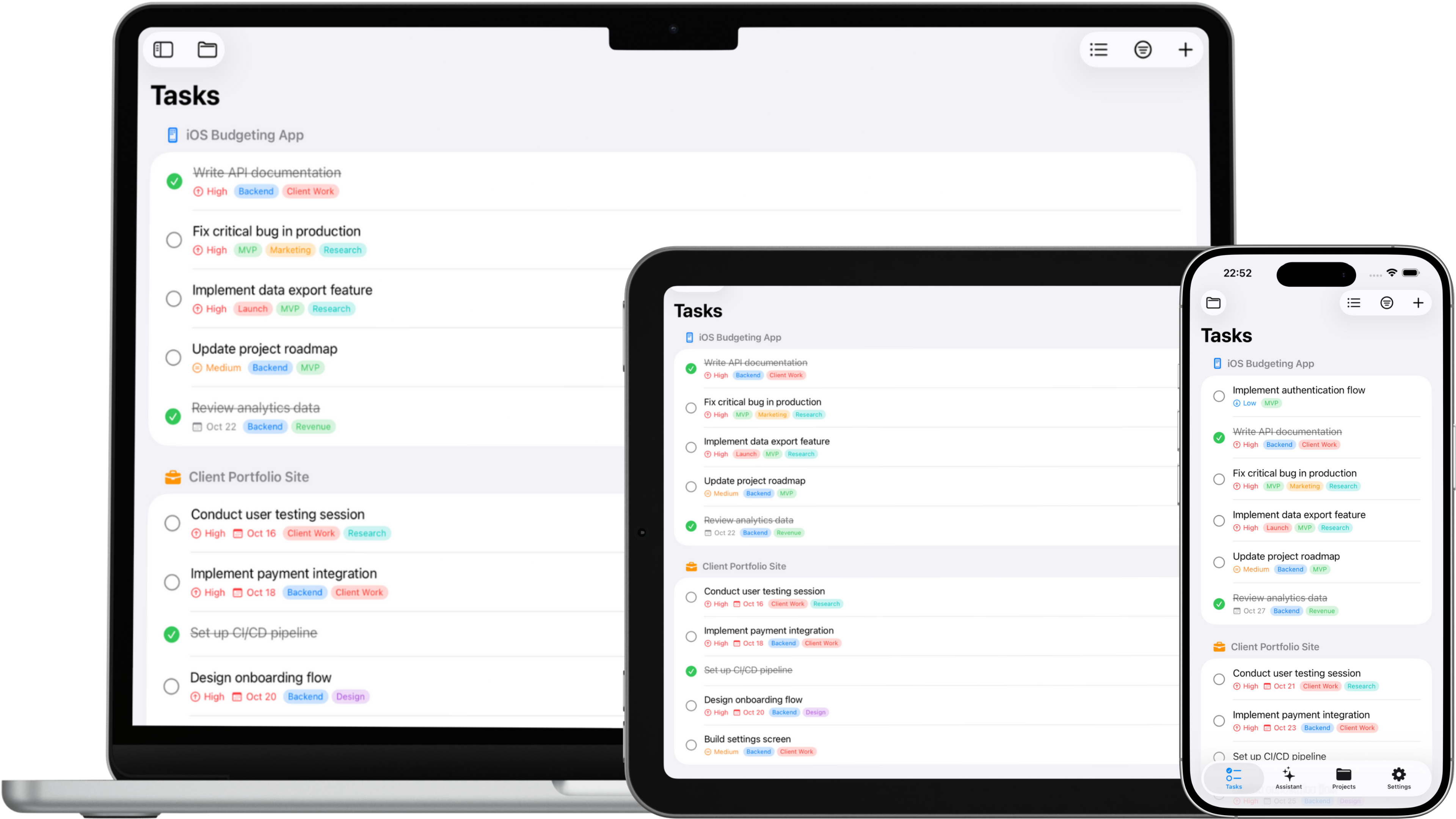 Cross-platform sync - iPhone, iPad, and Mac showing synchronized data